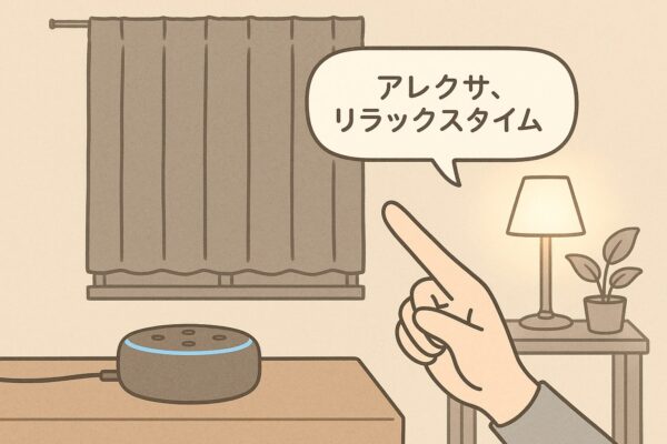 Echo Dotに「アレクサ、リラックスタイム」と話しかけると、ライトが点灯するイラスト